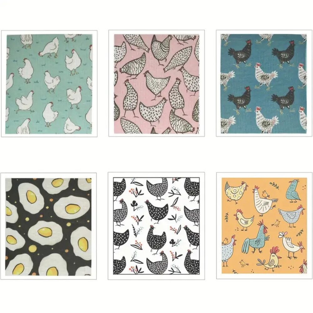 NEW Set of 6 Chicken & Egg Swedish Dishcloth, Sustainable Reusable Biodegradable